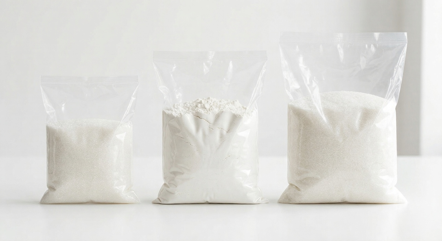 Transparent HDPE bottom seal plastic bags filled with sugar and flour