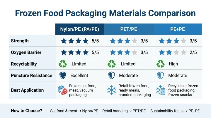 Frozen food packaging materials comparison chart showing Nylon/PE, PET/PE, and PE+PE