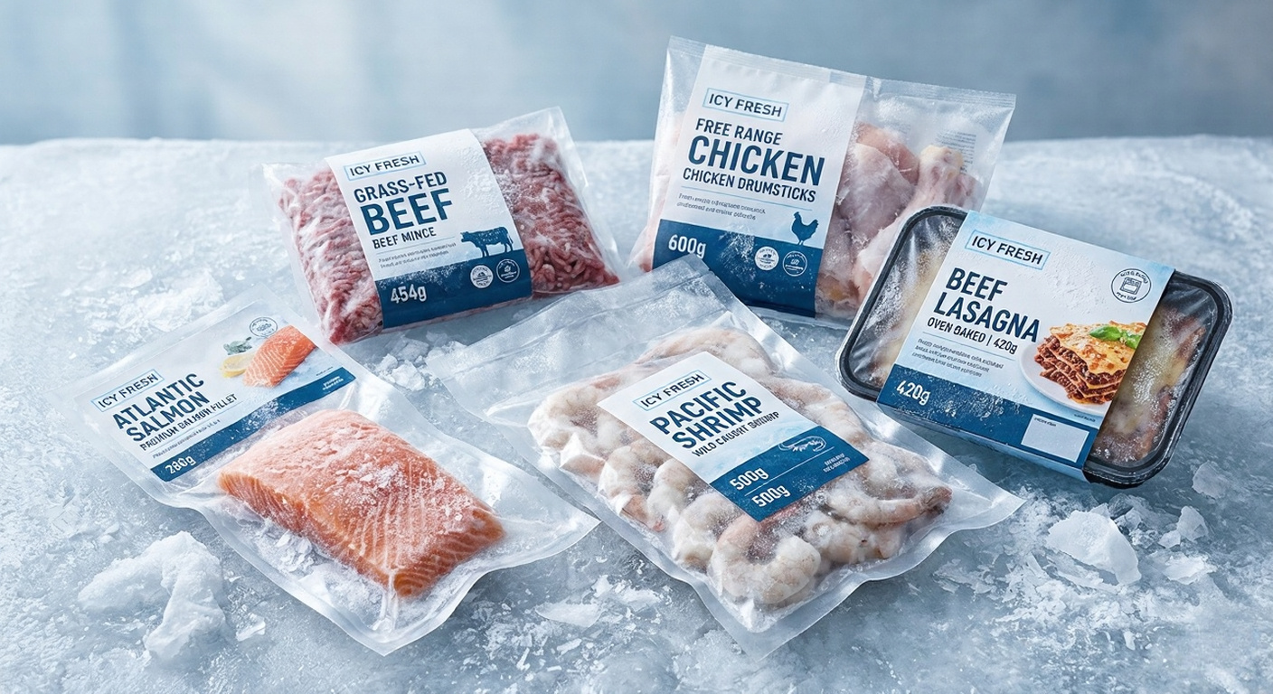 Cold-chain frozen food packaging for meat, seafood, and export products