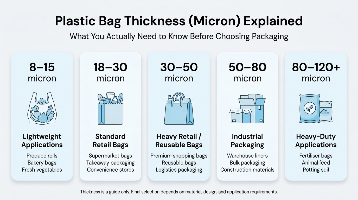 Plastic bag thickness (micron) guide showing common applications from 8–15 micron to 120+ micron for retail, industrial, and agricultural packaging