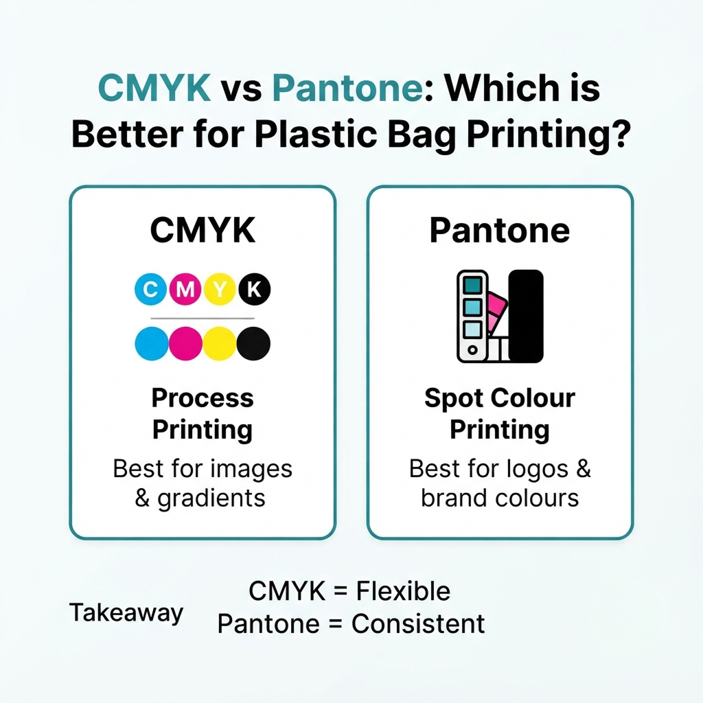 CMYK vs Pantone comparison infographic showing differences between process printing and spot colour printing for plastic bag packaging.
