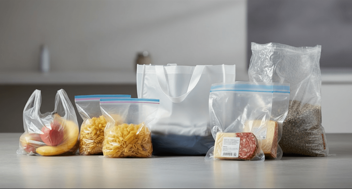 Plastic bags used in retail, food, and industrial packaging applications with different thickness levels