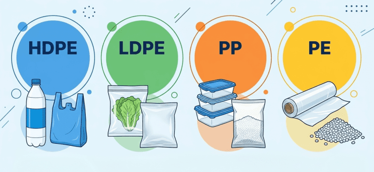 Infographic of four plastic packaging types: HDPE, LDPE, PP, and PE