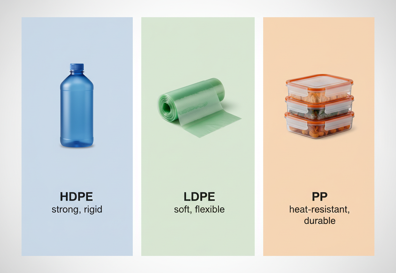 Plastic packaging types comparison of HDPE, LDPE, and PP