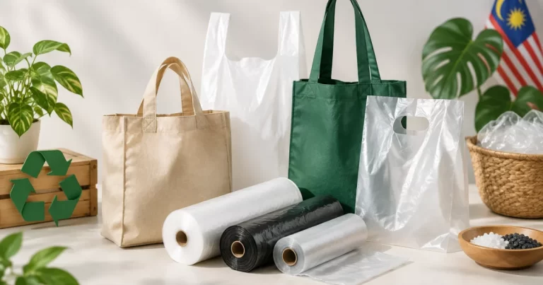 Assorted shopping bags and packaging materials arranged to suggest sustainability options