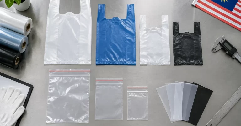 Custom plastic carry bag samples with measurement tools on a workbench