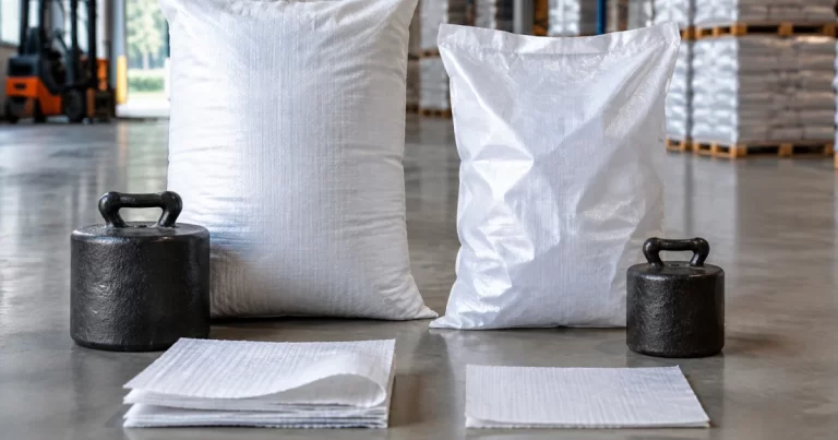 Two heavy-duty packaging bags with thickness samples suggesting right-sizing strength