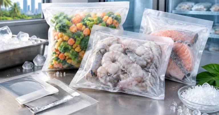 Frozen food packaging pouches with laminated film swatches on a cold surface