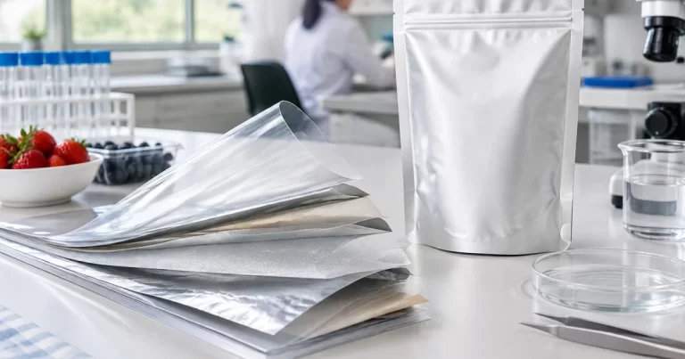 Laminated film layer samples with flexible food packaging pouches on a lab bench