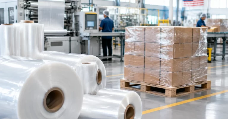 Flexible packaging film rolls and palletized cartons inside a modern factory