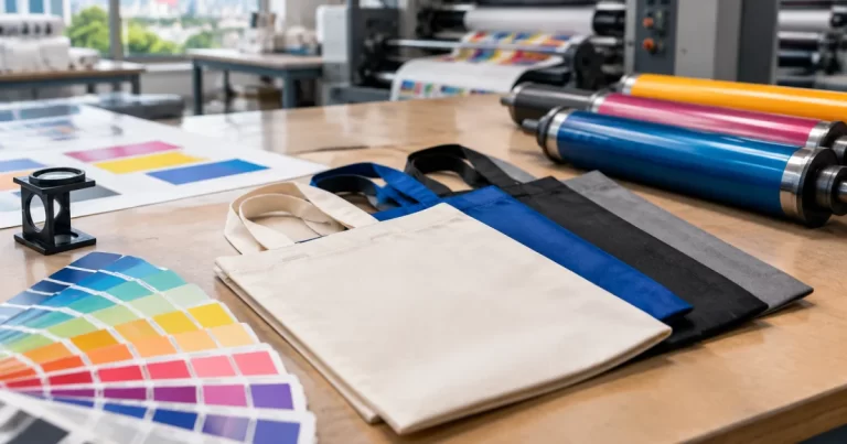 Printed bag production concept with bag samples and color swatches