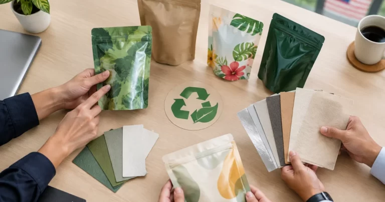 Printed laminated packaging samples and material swatches arranged for supplier evaluation